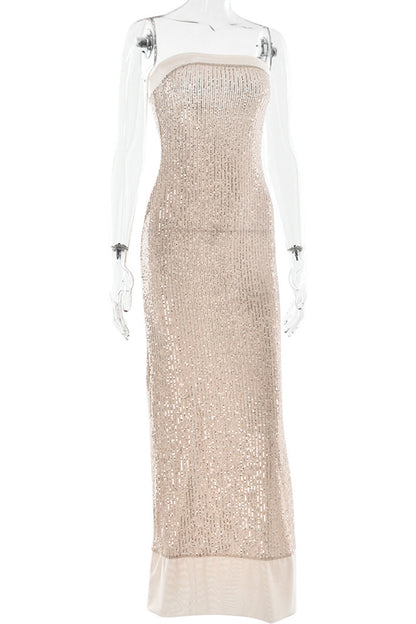 Sexy Sequins Slit Sequined Strapless Long Dresses(3 Colors)