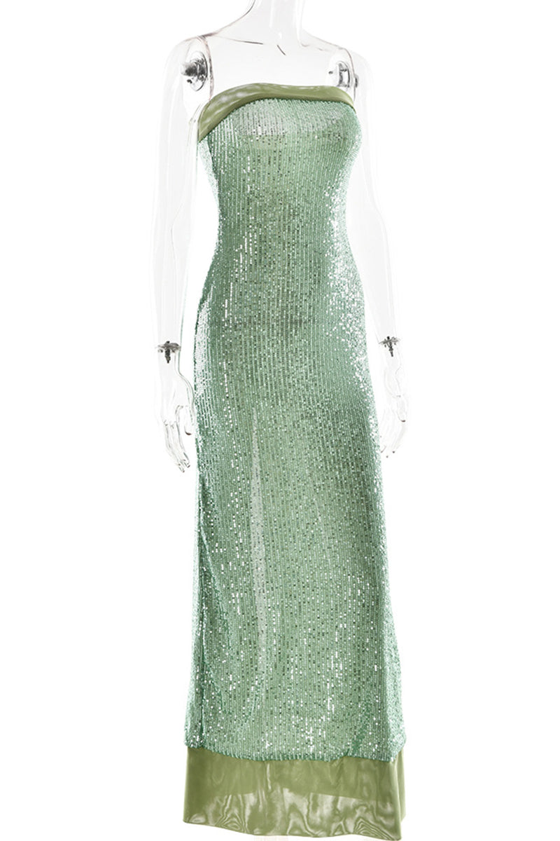 Sexy Sequins Slit Sequined Strapless Long Dresses(3 Colors)