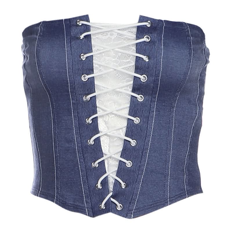 Lace up denim lace hem tube top  | Festival Outfits Women