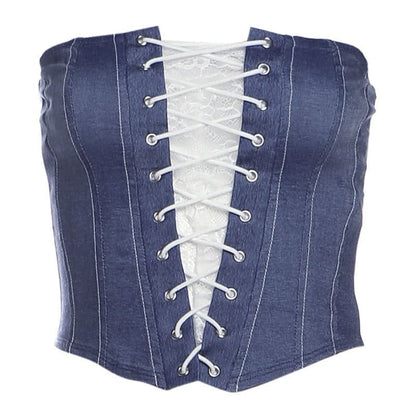 Lace up denim lace hem tube top  | Festival Outfits Women