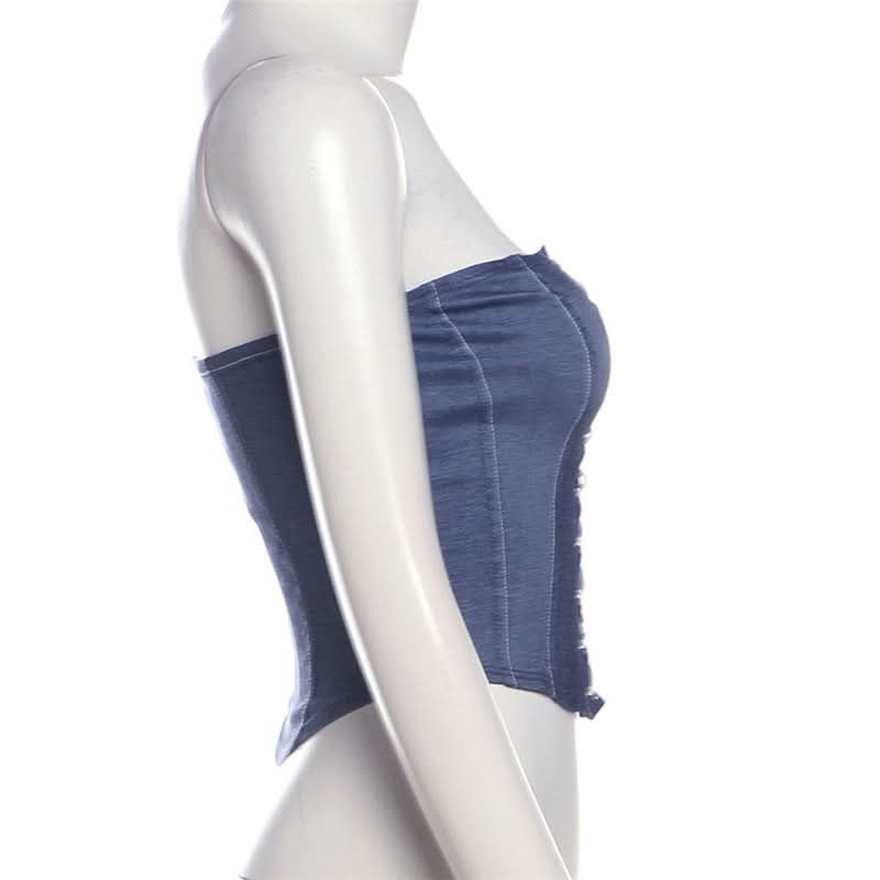 Lace up denim lace hem tube top  | Festival Outfits Women