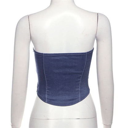 Lace up denim lace hem tube top  | Festival Outfits Women