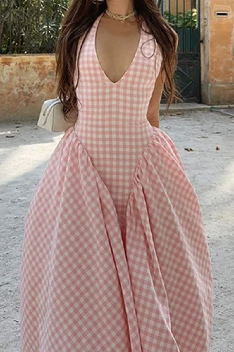 Sexy Plaid Lace Up Backless Contrast Halter Sleeveless Dresses
