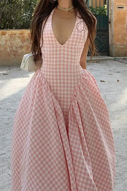 Sexy Plaid Lace Up Backless Contrast Halter Sleeveless Dresses