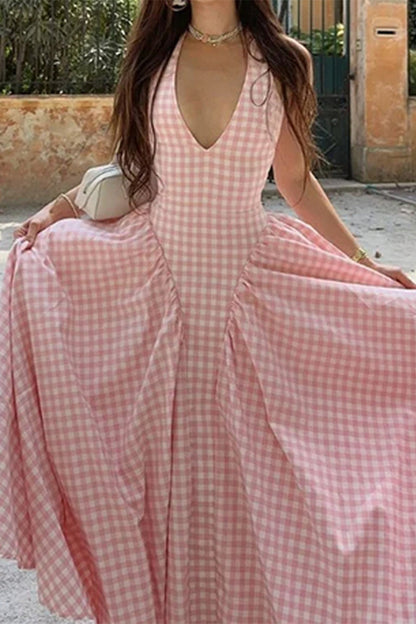 Sexy Plaid Lace Up Backless Contrast Halter Sleeveless Dresses