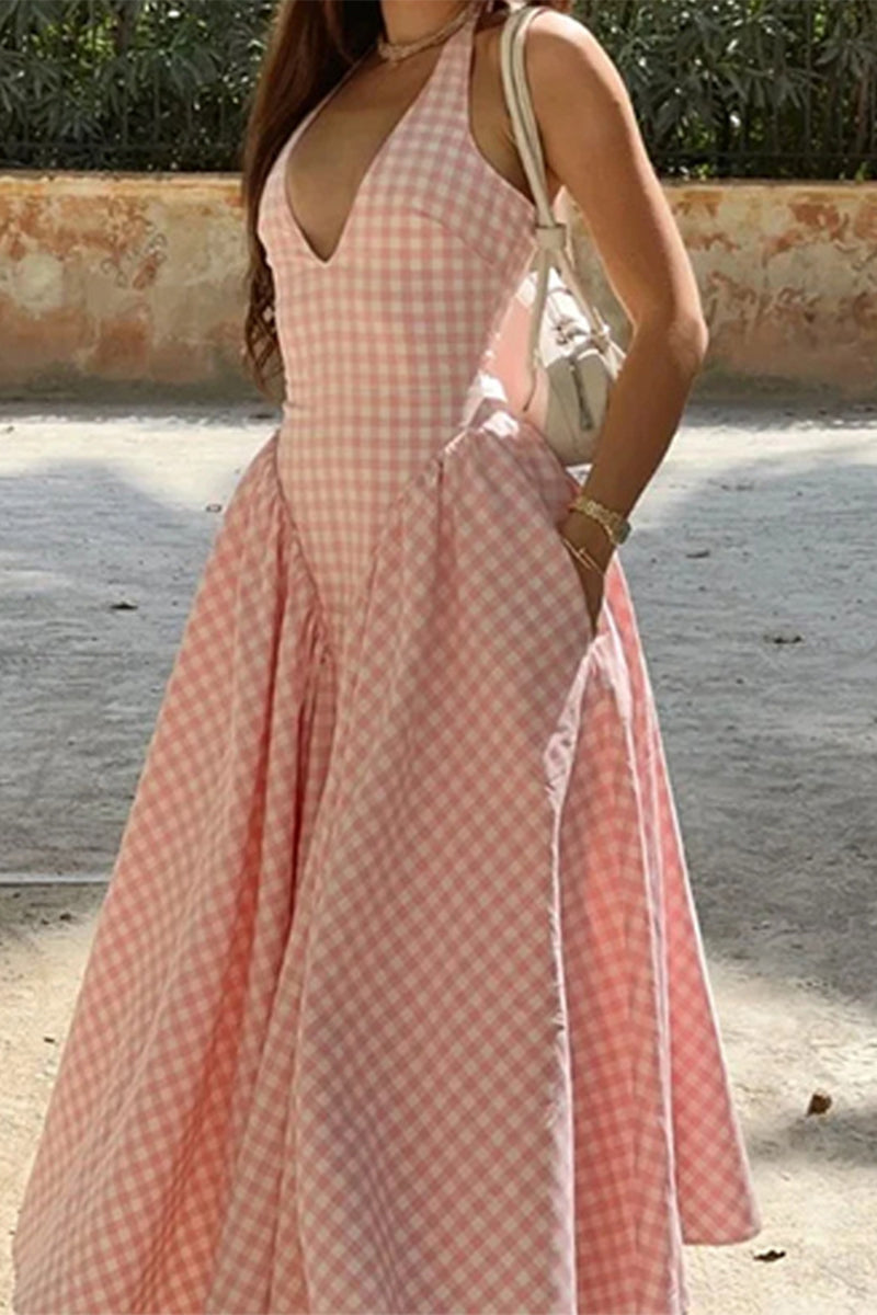 Sexy Plaid Lace Up Backless Contrast Halter Sleeveless Dresses