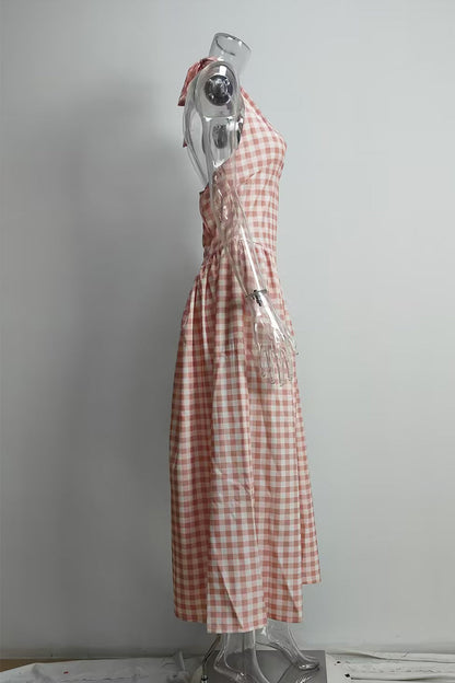 Sexy Plaid Lace Up Backless Contrast Halter Sleeveless Dresses