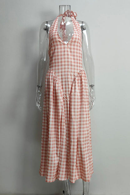 Sexy Plaid Lace Up Backless Contrast Halter Sleeveless Dresses