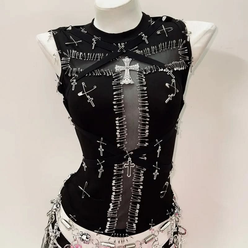 Crewneck sleeveless cross applique top  | Festival Outfits Women