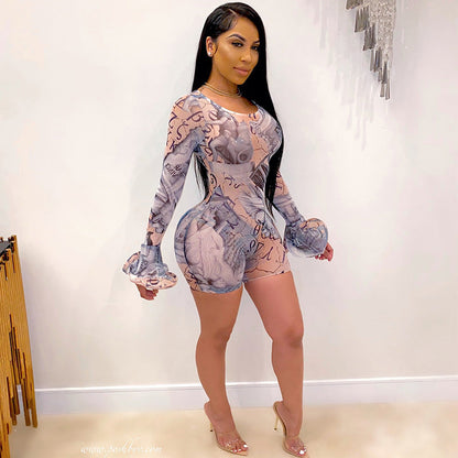 Popular Women Clothing Mesh See through Sexy Short Bell Sleeve Romper