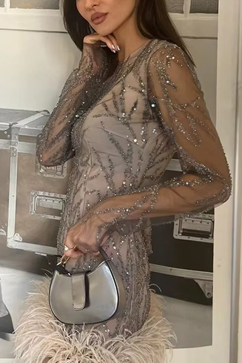 Elegant Mesh Tinsel Feather Hemline O Neck Mini Dresses