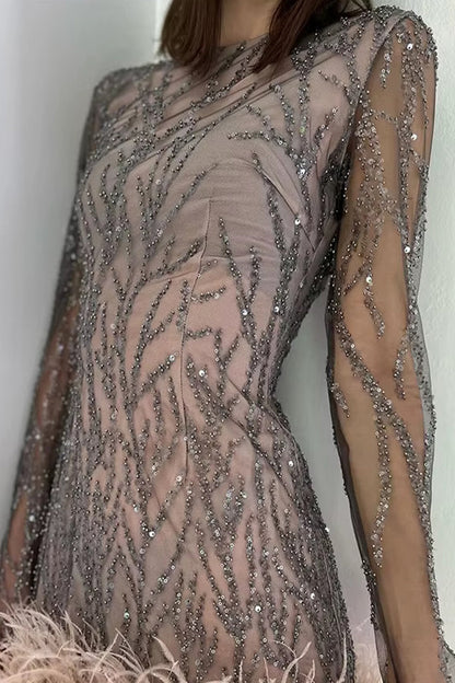 Elegant Mesh Tinsel Feather Hemline O Neck Mini Dresses