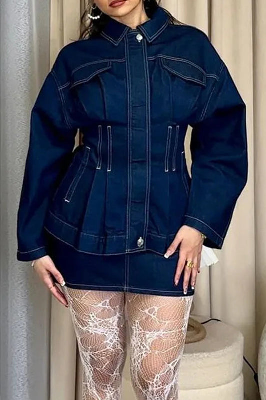Casual Patchwork Turndown Collar Long Sleeve Loose Denim Jacket