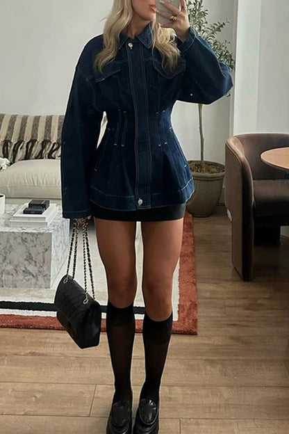 Casual Patchwork Turndown Collar Long Sleeve Loose Denim Jacket
