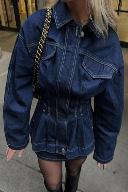 Casual Patchwork Turndown Collar Long Sleeve Loose Denim Jacket