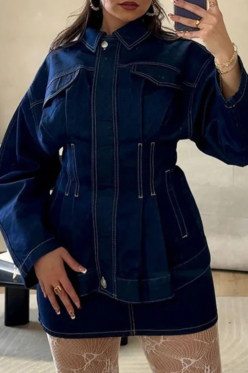 Casual Patchwork Turndown Collar Long Sleeve Loose Denim Jacket