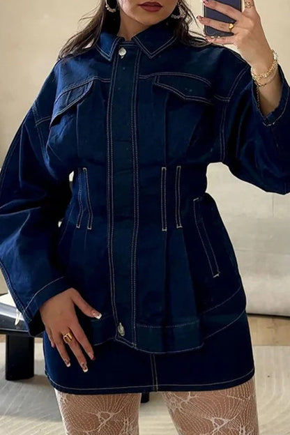 Casual Patchwork Turndown Collar Long Sleeve Loose Denim Jacket
