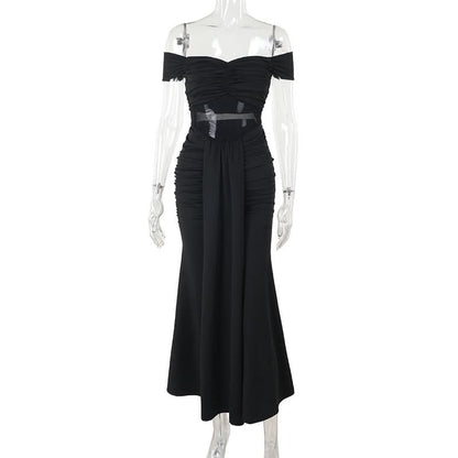 Off shoulder mesh patchwork ruched maxi dress  | Festival Outfits Women
