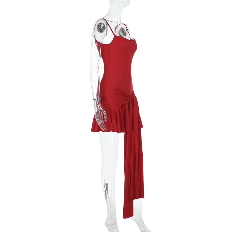 U neck solid knotted ruffle ruched cami mini dress  | Festival Outfits Women