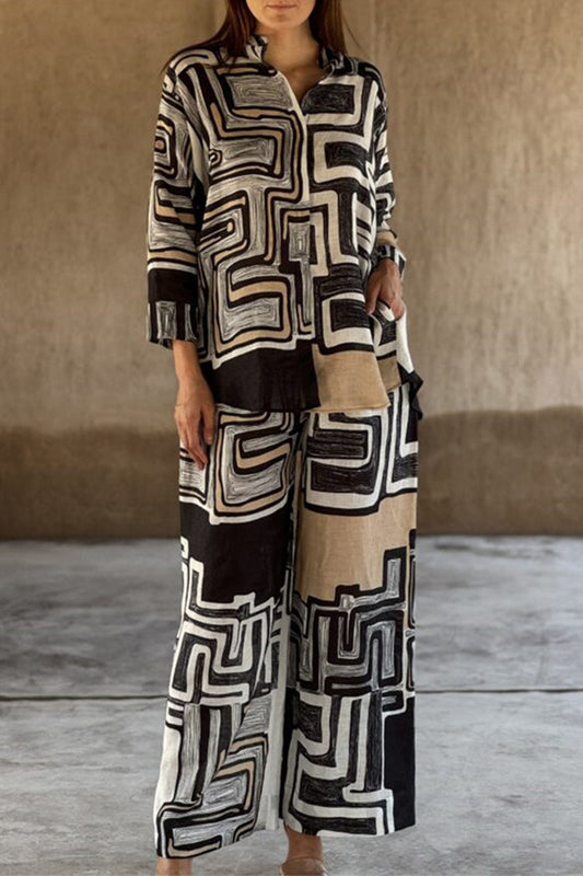 Conjunto informal de dos piezas con estampado geométrico, bolsillo desgastado, cuello mandarín y manga larga