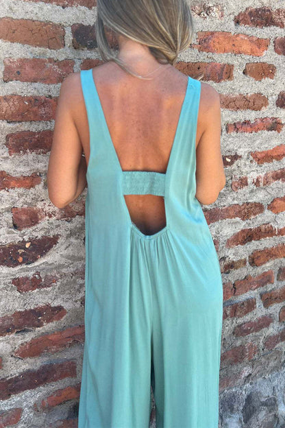 Casual Pocket Buttons Backless U Neck Boot Cut Jumpsuits(3 Colors)