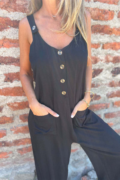Casual Pocket Buttons Backless U Neck Boot Cut Jumpsuits(3 Colors)