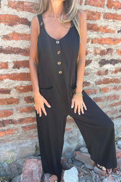 Casual Pocket Buttons Backless U Neck Boot Cut Jumpsuits(3 Colors)