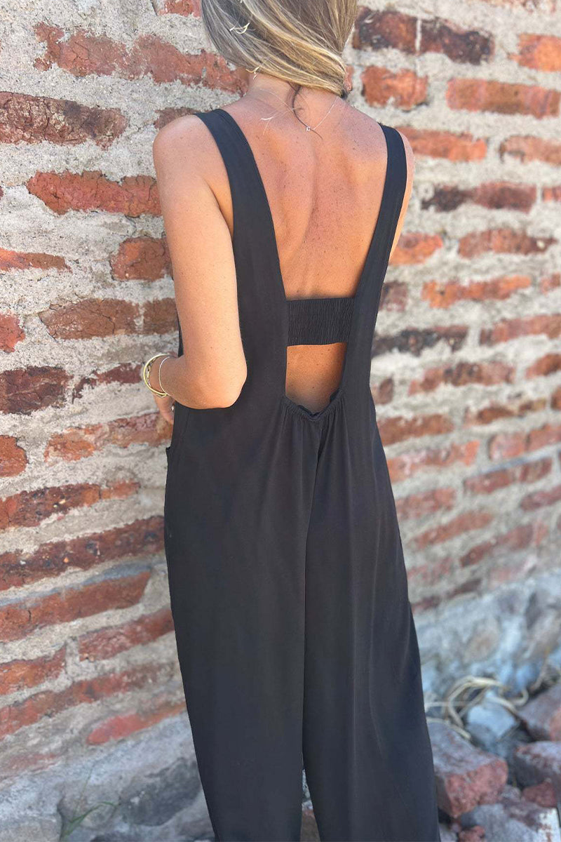 Casual Pocket Buttons Backless U Neck Boot Cut Jumpsuits(3 Colors)