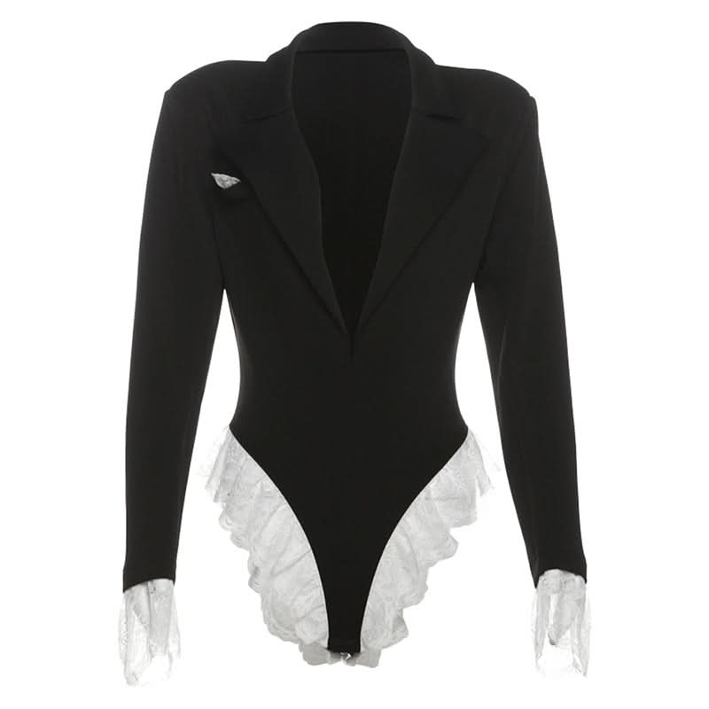 Turnover collar long sleeve lace hem bodysuit  | Festival Outfits Women