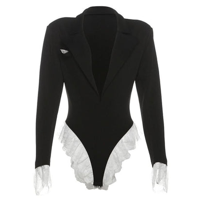 Turnover collar long sleeve lace hem bodysuit  | Festival Outfits Women