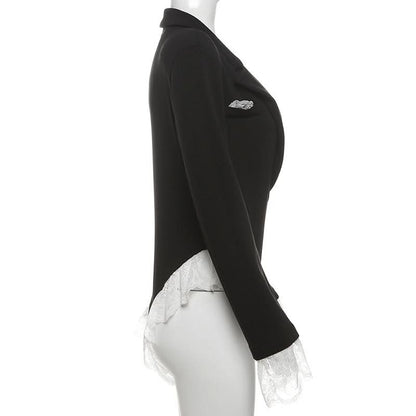 Turnover collar long sleeve lace hem bodysuit  | Festival Outfits Women