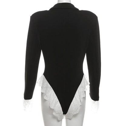 Turnover collar long sleeve lace hem bodysuit  | Festival Outfits Women