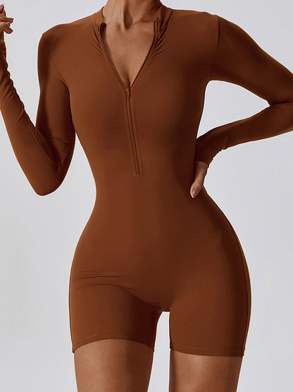 Sporty Solid Zip Up Long Sleeve Romper