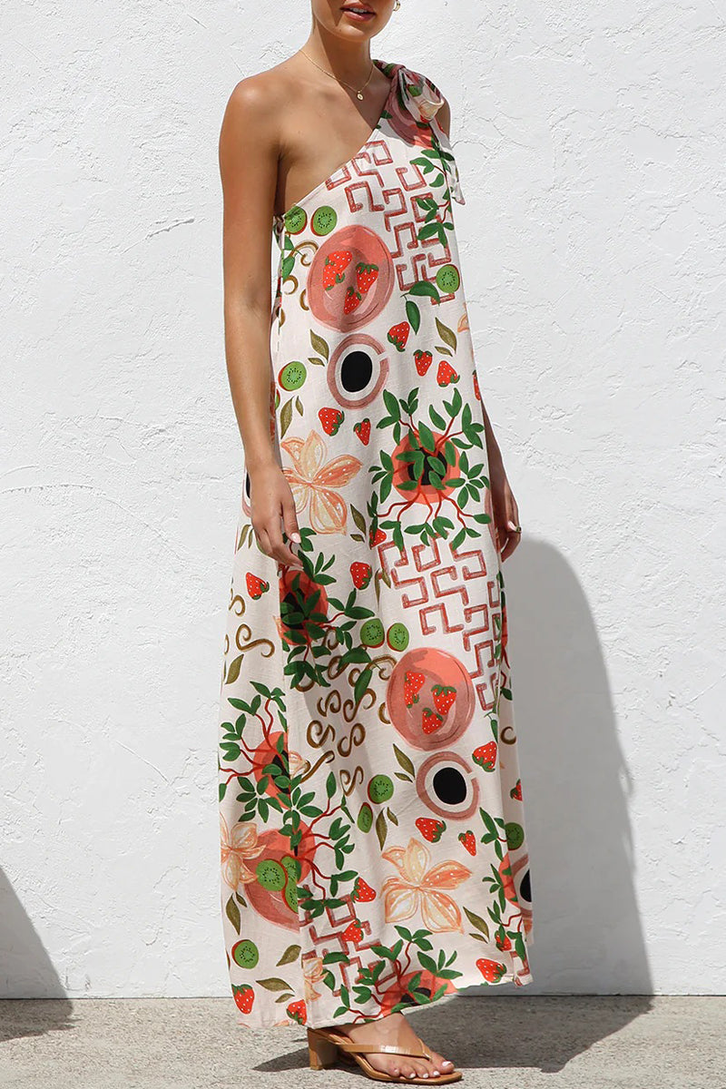 Casual Leaf Print fruit Lace Up Irregular Sloping Shoulder Printed Dresses