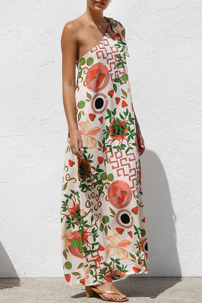 Casual Leaf Print fruit Lace Up Irregular Sloping Shoulder Printed Dresses