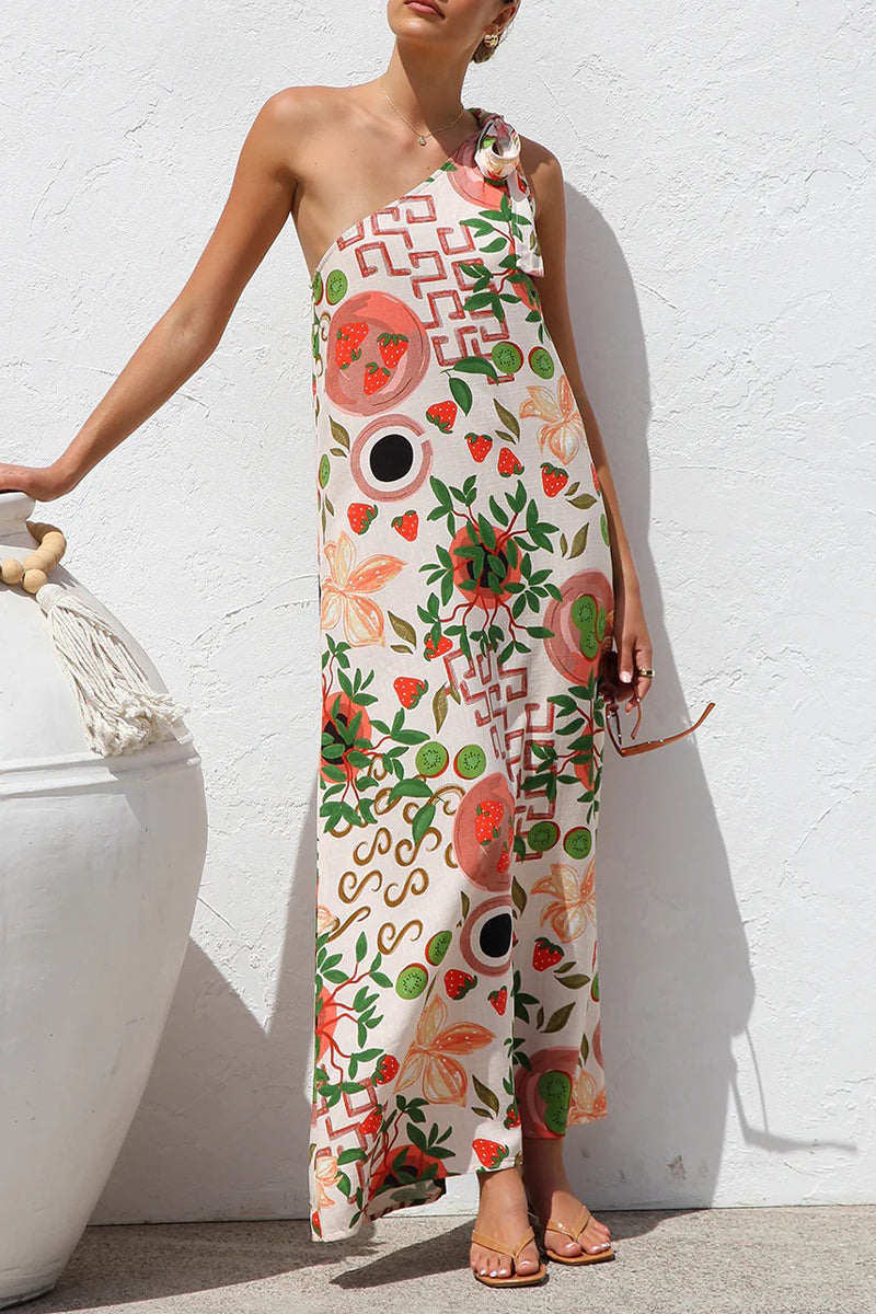 Casual Leaf Print fruit Lace Up Irregular Sloping Shoulder Printed Dresses