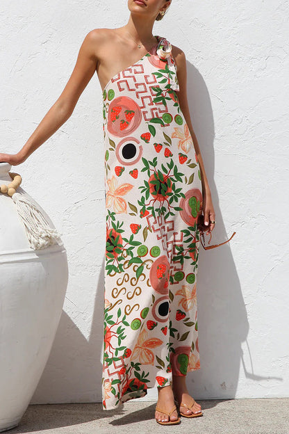 Casual Leaf Print fruit Lace Up Irregular Sloping Shoulder Printed Dresses