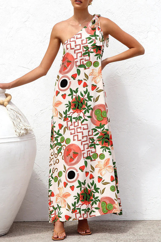 Casual Leaf Print fruit Lace Up Irregular Sloping Shoulder Printed Dresses