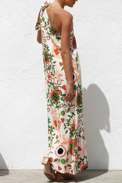 Casual Leaf Print fruit Lace Up Irregular Sloping Shoulder Printed Dresses