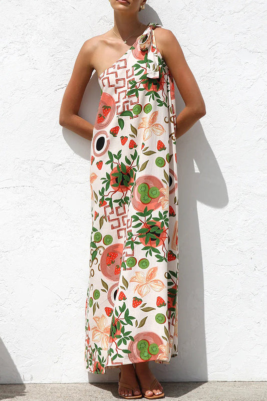 Casual Leaf Print fruit Lace Up Irregular Sloping Shoulder Printed Dresses