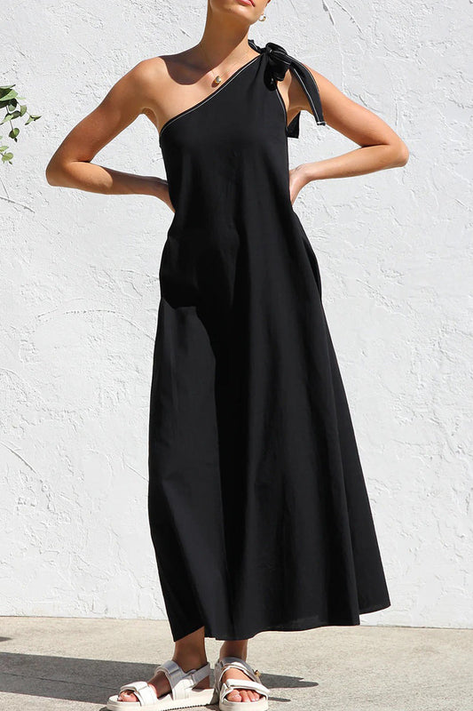 Casual Lace Up Irregular Sloping Shoulder Long Dresses
