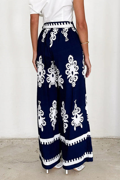 Casual Striped Print Pocket Lace Up Loose High Waist Straight Full Print Bottoms