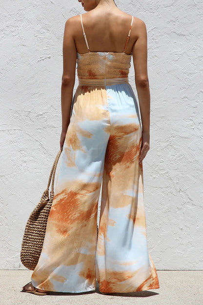 Sexy Tie Dye Print Pocket Lace Up V Neck Loose Jumpsuits