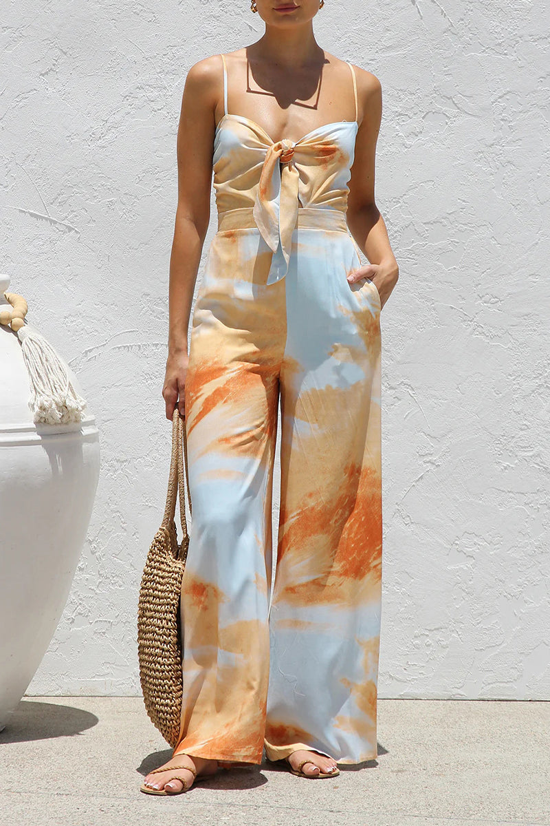 Sexy Tie Dye Print Pocket Lace Up V Neck Loose Jumpsuits