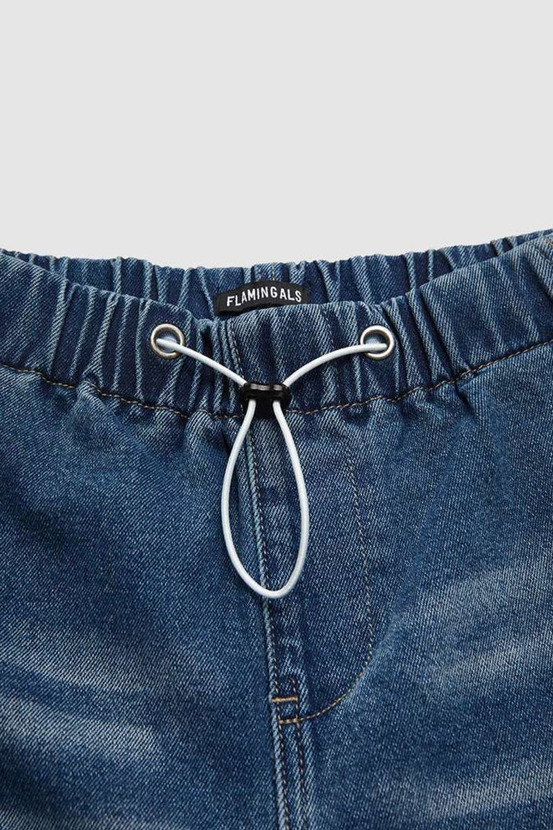 Vaqueros holgados de cintura media con fruncido y cordón desgastado