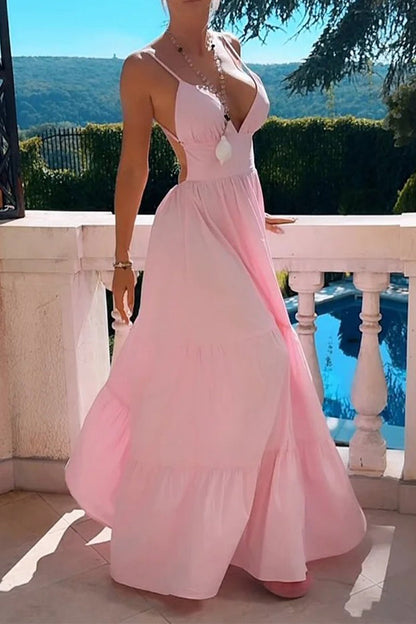 Sexy Solid Color Backless Flounce V Neck Waist Skirt Dresses