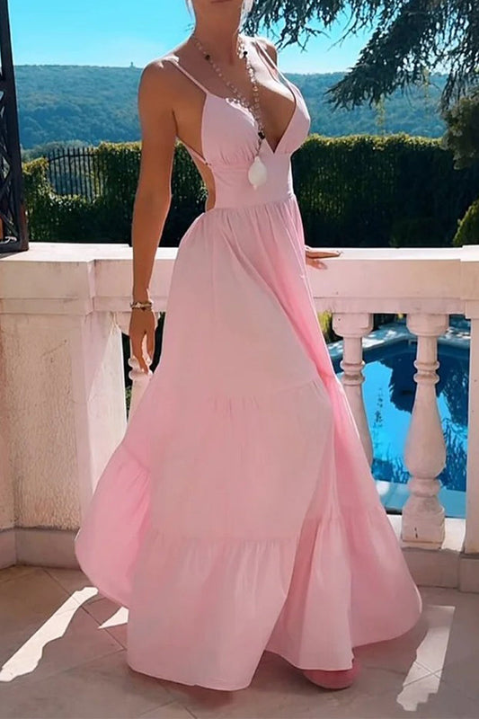 Sexy Backless Flounce V Neck Waist Skirt Dresses