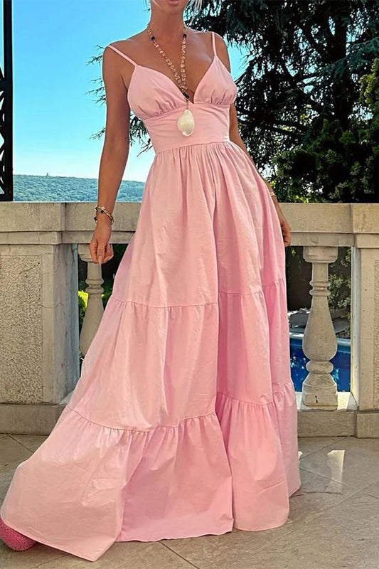 Sexy Backless Flounce V Neck Waist Skirt Dresses