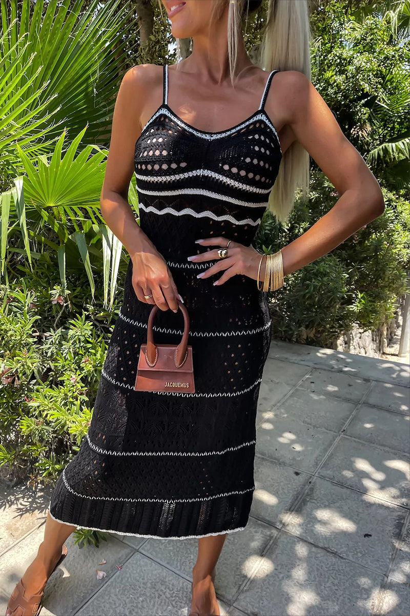 Sexy Stripe Hollow Out Weave V Neck Sling Dresses