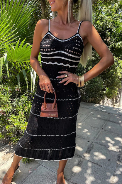 Sexy Stripe Hollow Out Weave V Neck Sling Dresses